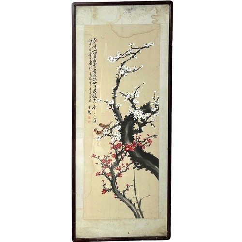 84 - A CHINESE WATERCOLOUR ON SILK  DEPICTING CHERRY BLOSSOM TREES, with a pair of birds and calligraphy ... 