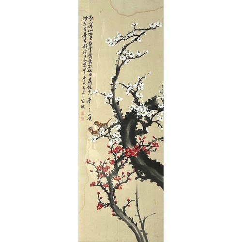 84 - A CHINESE WATERCOLOUR ON SILK  DEPICTING CHERRY BLOSSOM TREES, with a pair of birds and calligraphy ... 