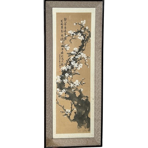 83 - A CHINESE WATERCOLOUR ON SILK DEPICTING BLOSSOM TREES, with calligraphy to left hand side

152cm x 5... 