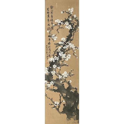 83 - A CHINESE WATERCOLOUR ON SILK DEPICTING BLOSSOM TREES, with calligraphy to left hand side

152cm x 5... 