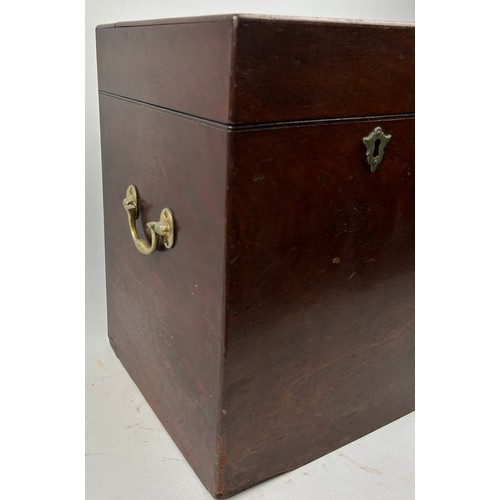 240 - A VICTORIAN MAHOGANY TANTALUS FOR FOUR BOTTLES, with brass handles and escutcheon