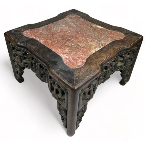 80 - A 19TH CENTURY CHINESE ROSEWOOD OPIUM TABLE WITH PINK MARBLE TOP, 

Intricate scrolling fretwork on ... 