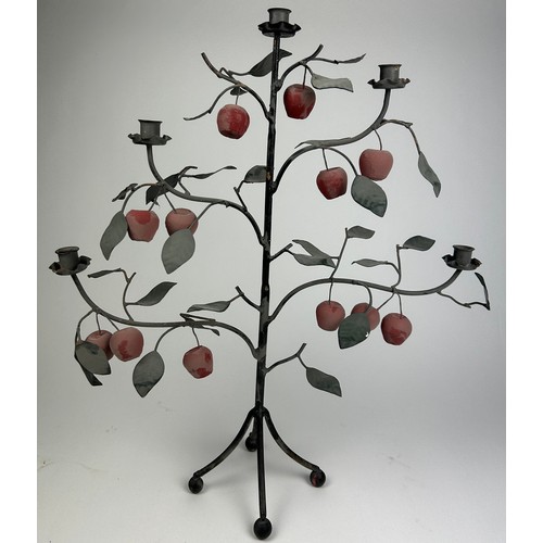 215 - AN UNUSUAL FIVE ARM CANDELABRA IN THE FORM OF A TREE BEARING APPLES AND LEAVES, raised on four slopi... 