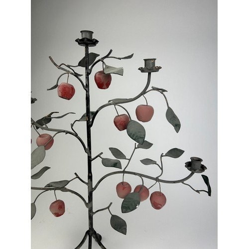 215 - AN UNUSUAL FIVE ARM CANDELABRA IN THE FORM OF A TREE BEARING APPLES AND LEAVES, raised on four slopi... 