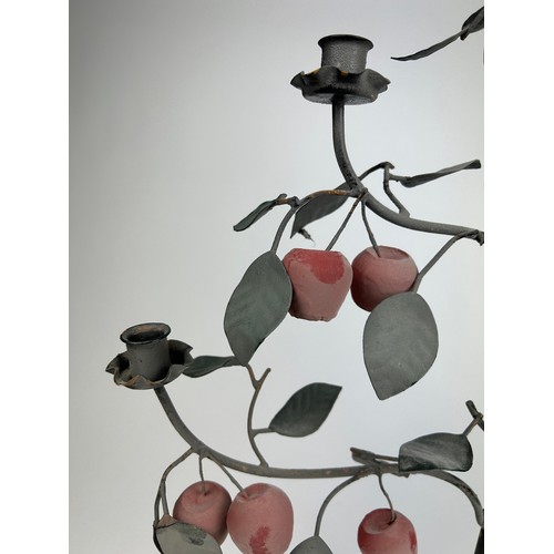 215 - AN UNUSUAL FIVE ARM CANDELABRA IN THE FORM OF A TREE BEARING APPLES AND LEAVES, raised on four slopi... 