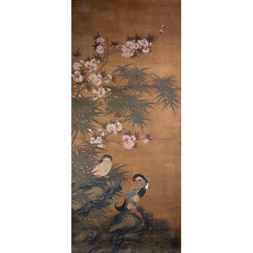 81 - ATTRIBUTED TO LU ZHI (1496–1576) PAINTING ON SCROLL OF MANDARIN DUCKS, 

Ink and colour on silk, ins...
