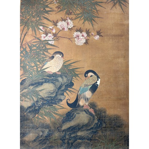 At Auction: Birds flowers paper scroll by Lv Ji