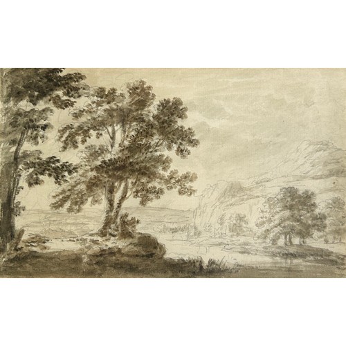 124 - A PENCIL AND WATERCOLOUR SKETCH OF TREES ON A HILLSIDE, 

Label to verso for Christopher Powney of B... 