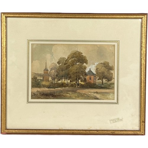 123 - A WATERCOLOUR ON PAPER OF EYOT ST MARY NORTH WELWYN CIRCA 1850, 

Label to verso for Abbott and Hold... 