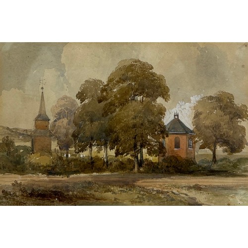 123 - A WATERCOLOUR ON PAPER OF EYOT ST MARY NORTH WELWYN CIRCA 1850, 

Label to verso for Abbott and Hold... 