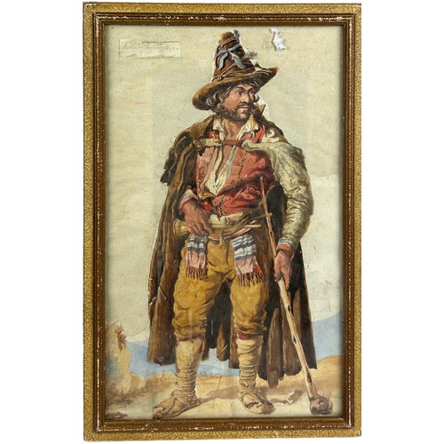 116 - A WATERCOLOUR ON PAPER OF AN ADVENTURER, cut and mounted on a paper lining. 

Framed and glazed

38c... 