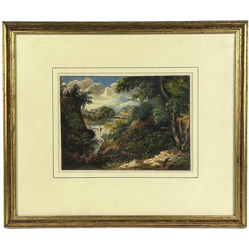 125 - A PEN AND WATERCOLOUR OF TREES BESIDE A WATERFALL, signed 'W.Bone' 

Label to verso for Abbott and H... 