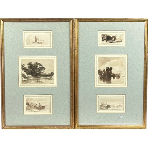 121 - A SET OF SIX JOHN VARLEY (BRITISH 1778 – 1842) INK ON PAPER STUDIES OF SHIPS AND RIVERS, mounted in ... 