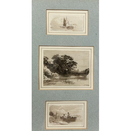 121 - A SET OF SIX JOHN VARLEY (BRITISH 1778 – 1842) INK ON PAPER STUDIES OF SHIPS AND RIVERS, mounted in ... 