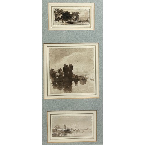 121 - A SET OF SIX JOHN VARLEY (BRITISH 1778 – 1842) INK ON PAPER STUDIES OF SHIPS AND RIVERS, mounted in ... 