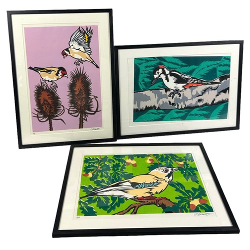 135 - CHRIS GILBERT (BRITISH) THREE COLOURED WOODCUT PRINTS  OF BIRDS (3), 

30cm x 45cm 
45cm x 30cm 
45c... 