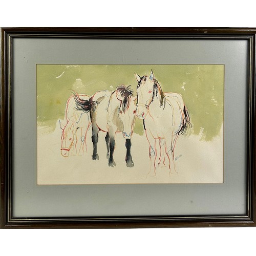 137 - A WATERCOLOUR ON PAPER OF THREE HORSES, by Cornish artist David Newton.

Mounted in a frame and glaz... 