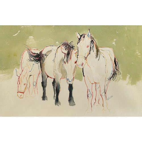 137 - A WATERCOLOUR ON PAPER OF THREE HORSES, by Cornish artist David Newton.

Mounted in a frame and glaz... 