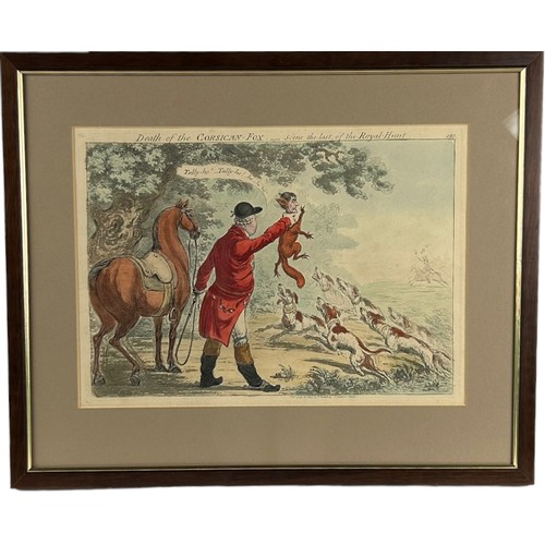 93 - A POLITICAL HAND-COLOURED ENGRAVING 'DEATH OF THE CORSICAN FOX...SCENE THE LAST OF THE ROYAL HUNT', ... 