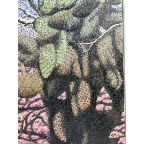 173 - A LARGE OIL ON CANVAS PAINTING OF A LIZARD IN A DESERT WITH CACTUS,

Mounted in a frame.