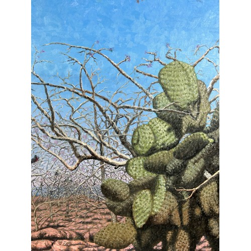 173 - A LARGE OIL ON CANVAS PAINTING OF A LIZARD IN A DESERT WITH CACTUS,

Mounted in a frame.