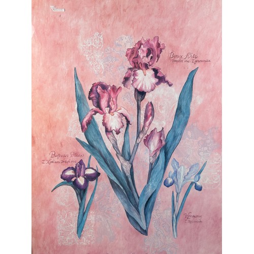 111 - A LARGE AND DECORATIVE PINK FLORAL PRINT, mounted in a frame and glazed.