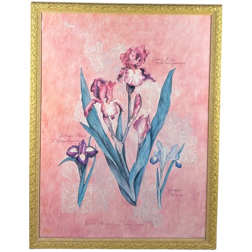 111 - A LARGE AND DECORATIVE PINK FLORAL PRINT, mounted in a frame and glazed.