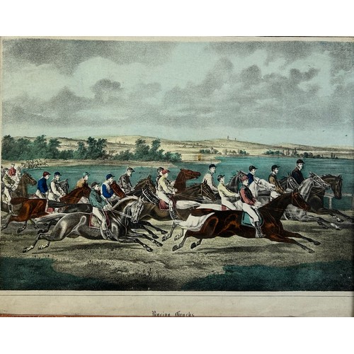 95 - EQUESTRIAN INTEREST: A PAIR OF EARLY 19TH CENTURY HAND COLOURED HORSE RACING PRINTS.

To include 'Th... 