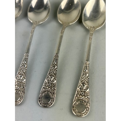 69 - A SET OF SEVEN DECORATED SILVER TEASPOONS AND ASSORTED SILVER CUTLERY,

Weight 160gms