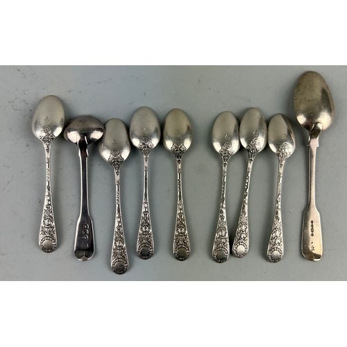 69 - A SET OF SEVEN DECORATED SILVER TEASPOONS AND ASSORTED SILVER CUTLERY,

Weight 160gms