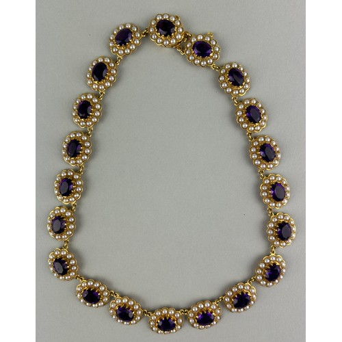 25 - A LARGE VICTORIAN 9CT GOLD AMETHYST AND SEED PEARL NECKLACE, 

Twenty individual clusters of amethys... 