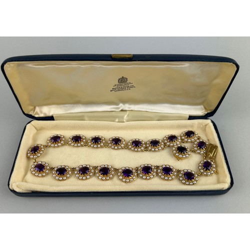 25 - A LARGE VICTORIAN 9CT GOLD AMETHYST AND SEED PEARL NECKLACE, 

Twenty individual clusters of amethys... 