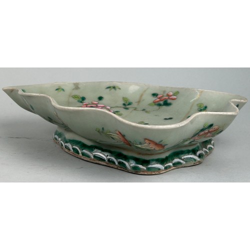 98 - A CHINESE CELADON LOBED LEAF SHAPED DISH DECORATED WITH PINK FLOWERS AND CRICKETS

26cm x 19cm x 6cm