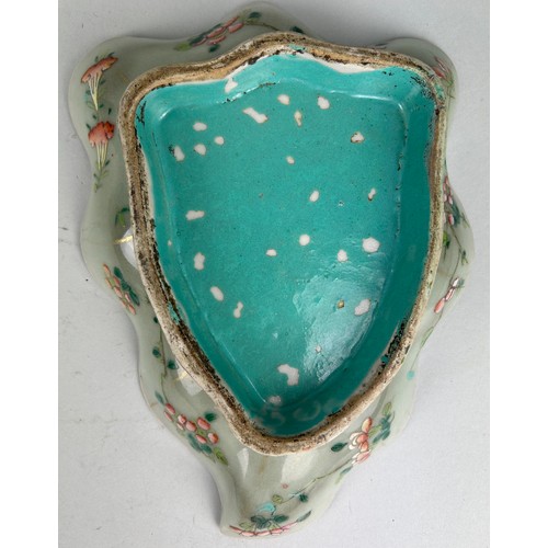 98 - A CHINESE CELADON LOBED LEAF SHAPED DISH DECORATED WITH PINK FLOWERS AND CRICKETS

26cm x 19cm x 6cm