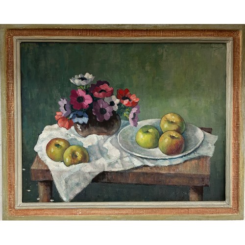 284 - AN OIL ON CANVAS STILL LIFE PAINTING OF APPLES ON A TABLE,

Signed indistinctly top right. Mounted i... 