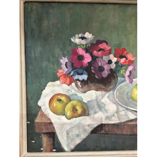 284 - AN OIL ON CANVAS STILL LIFE PAINTING OF APPLES ON A TABLE,

Signed indistinctly top right. Mounted i... 