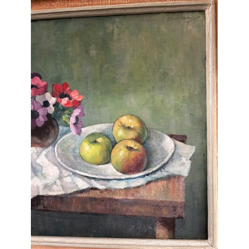 284 - AN OIL ON CANVAS STILL LIFE PAINTING OF APPLES ON A TABLE,

Signed indistinctly top right. Mounted i... 