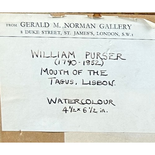 289 - WILLIAM PURSER RA (1750-1852)

A small watercolour on paper depicting the Mouth of the Tagus, Lisbon... 