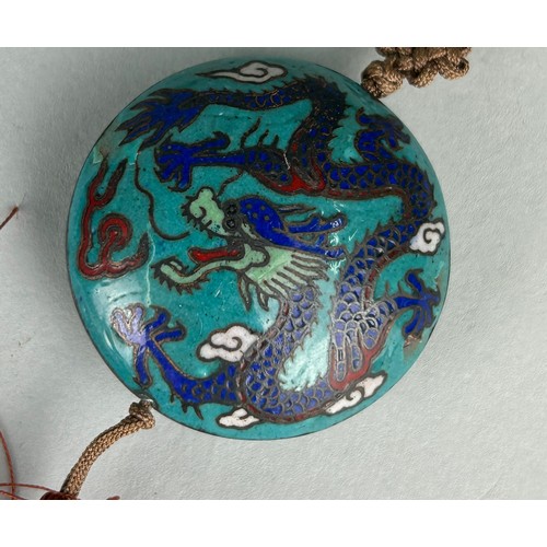 112 - A CHINESE MARBLE PLAQUE, along with a box of Chinese white ceramic horses and a cloisonné dragon pen... 