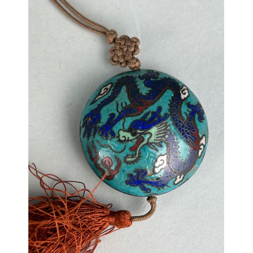 112 - A CHINESE MARBLE PLAQUE, along with a box of Chinese white ceramic horses and a cloisonné dragon pen... 