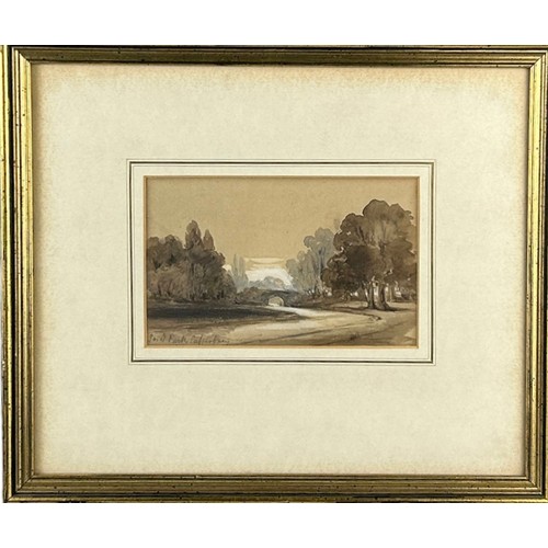 295 - A WATERCOLOUR AND INK ON PAPER OF A PARK SCENE, 

Mounted in a frame and glazed.

18cm x 11cm