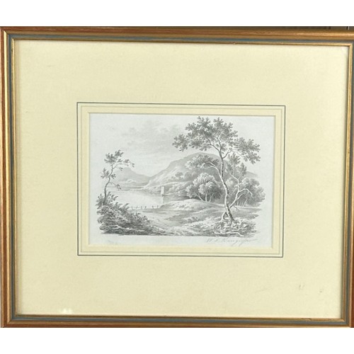 305 - A PENCIL SKETCH OF TREES BESIDE A LAKE, signed indistinctly bottom right. 

Mounted in a frame and g... 