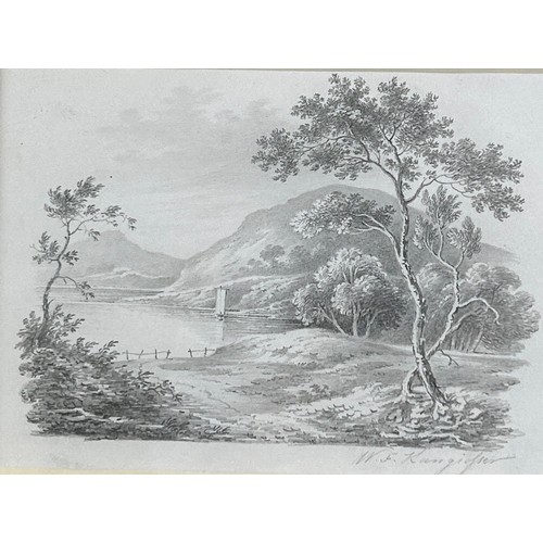 305 - A PENCIL SKETCH OF TREES BESIDE A LAKE, signed indistinctly bottom right. 

Mounted in a frame and g... 