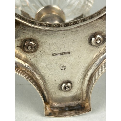 51 - AN UNUSUAL GERMAN 'WEISHAUPT' SILVER AND CRYSTAL CUP WITH DOLPHIN TRIPOD SUPPORT ON BASE