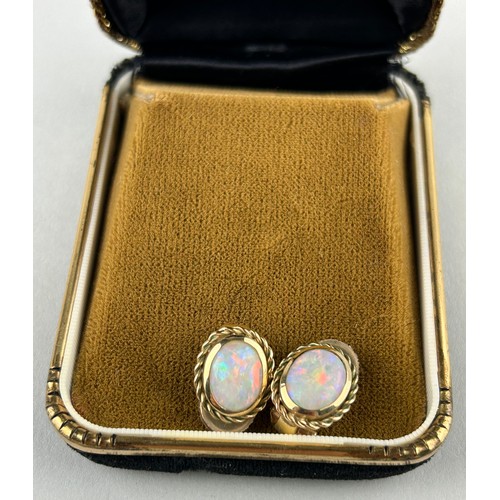 30 - A PAIR OF YELLOW METAL EARRINGS, 

Probably 9ct gold, inset with small opals with rope twist borders... 