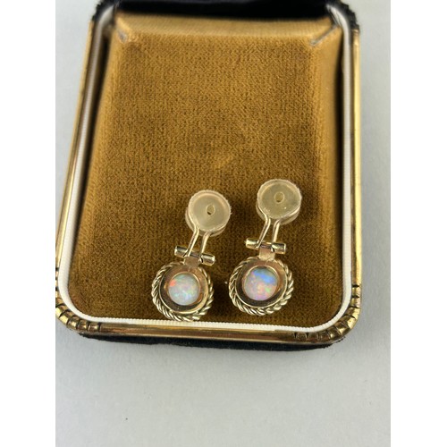 30 - A PAIR OF YELLOW METAL EARRINGS, 

Probably 9ct gold, inset with small opals with rope twist borders... 