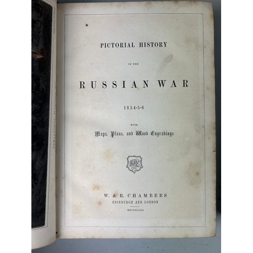 493 - A COLLECTION OF ANTIQUE LEATHER AND CLOTCH BOUND BOOKS ON THE RUSSIAN AND CRIMEAN WAR, along with a ... 