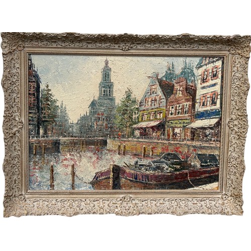 285 - AN OIL ON CANVAS PAINTING OF A PARADE OF SHOPS BESIDE A CANAL, 

Most probably Amsterdam, Netherland... 