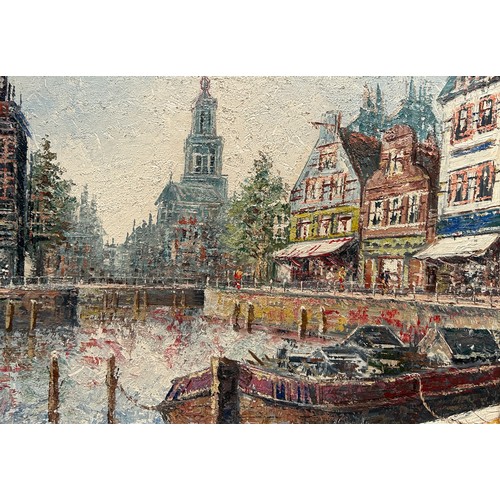 285 - AN OIL ON CANVAS PAINTING OF A PARADE OF SHOPS BESIDE A CANAL, 

Most probably Amsterdam, Netherland... 