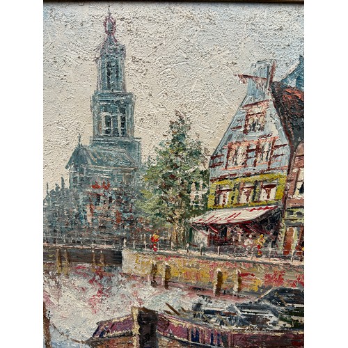 285 - AN OIL ON CANVAS PAINTING OF A PARADE OF SHOPS BESIDE A CANAL, 

Most probably Amsterdam, Netherland... 